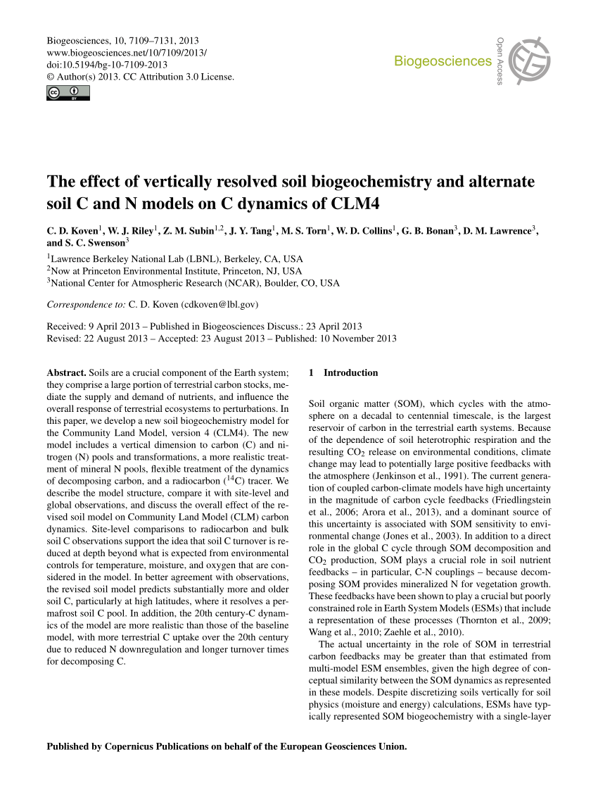 Pdf The Effect Of Vertically Resolved Soil Biogeochemistry And Alternate Soil C And N Models On C Dynamics Of Clm4