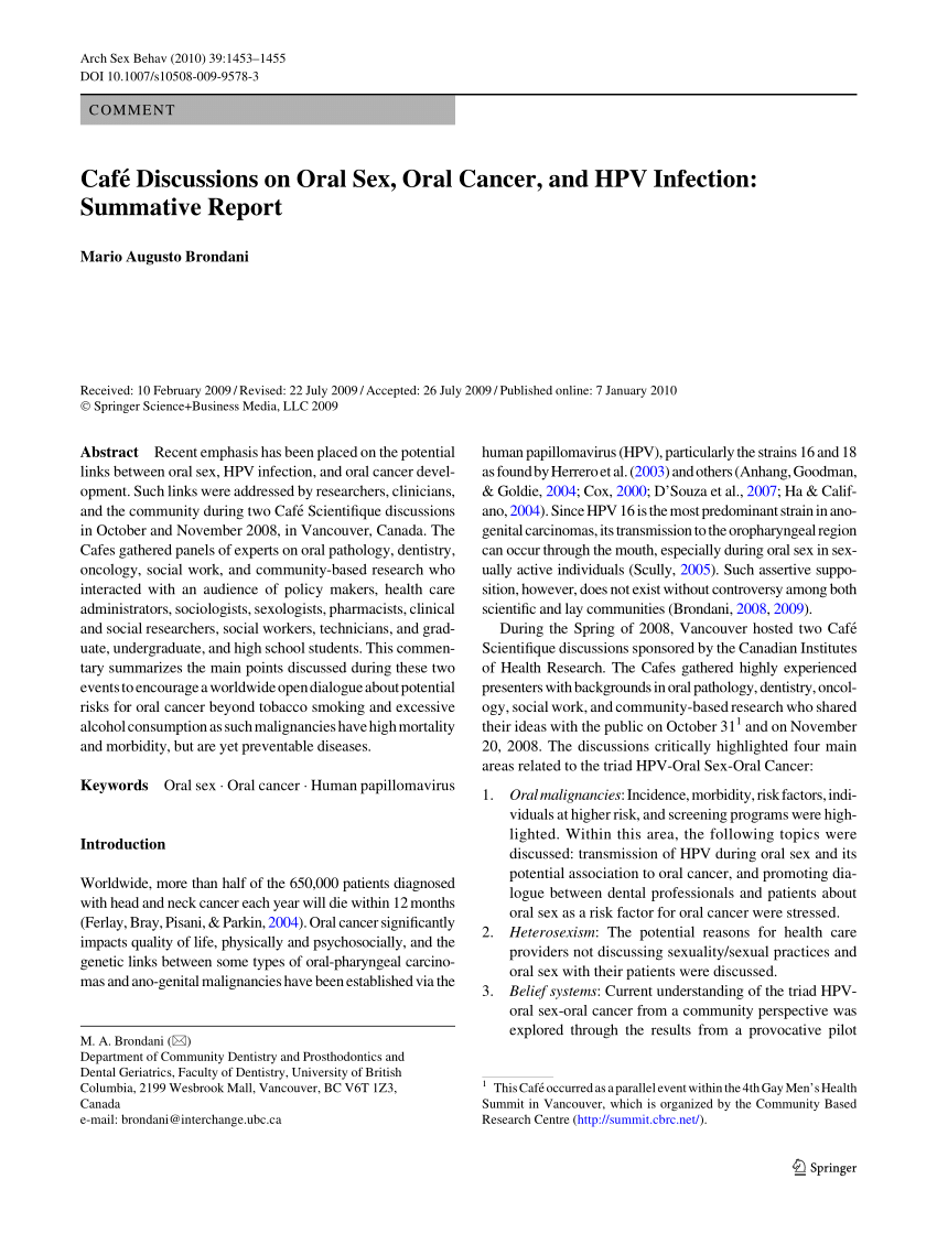 Pdf Oral Sex And Oral Cancer In The Context Of Human Papillomavirus