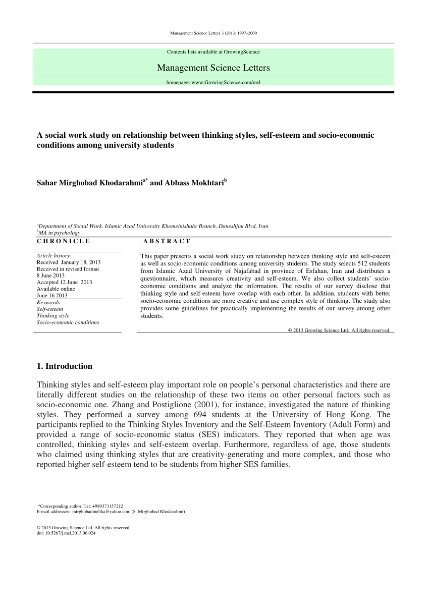 (PDF) A social work study on relationship between thinking styles, self ...