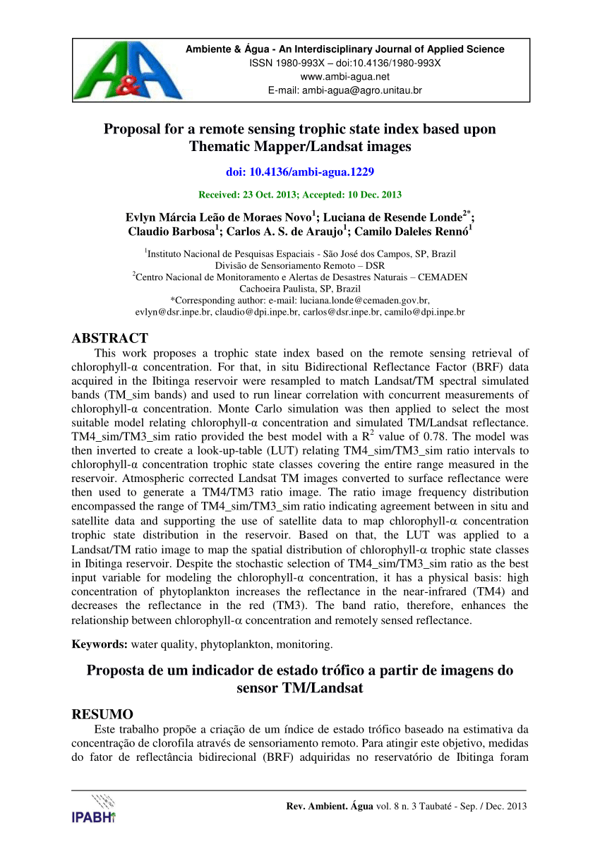 Pdf Proposal For A Remote Sensing Trophic State Index Based Upon Thematic Mapper Landsat Images