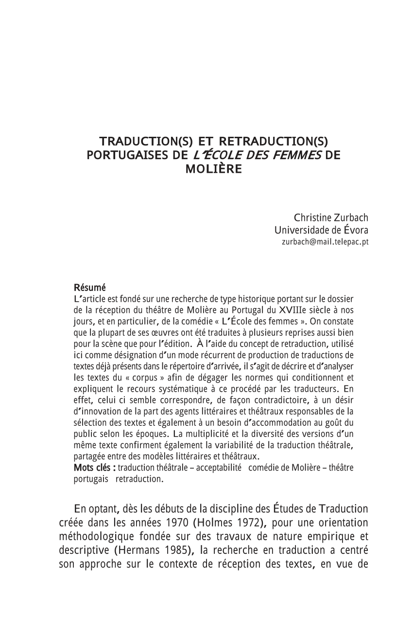 Pdf Traduction S Et Retraduction S Portugaises De L Ecole Des Femmes De Moliere