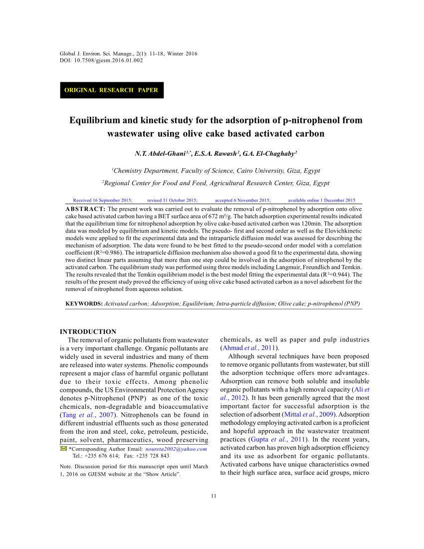 (PDF) Equilibrium and kinetic study for the adsorption of p-nitrophenol ...
