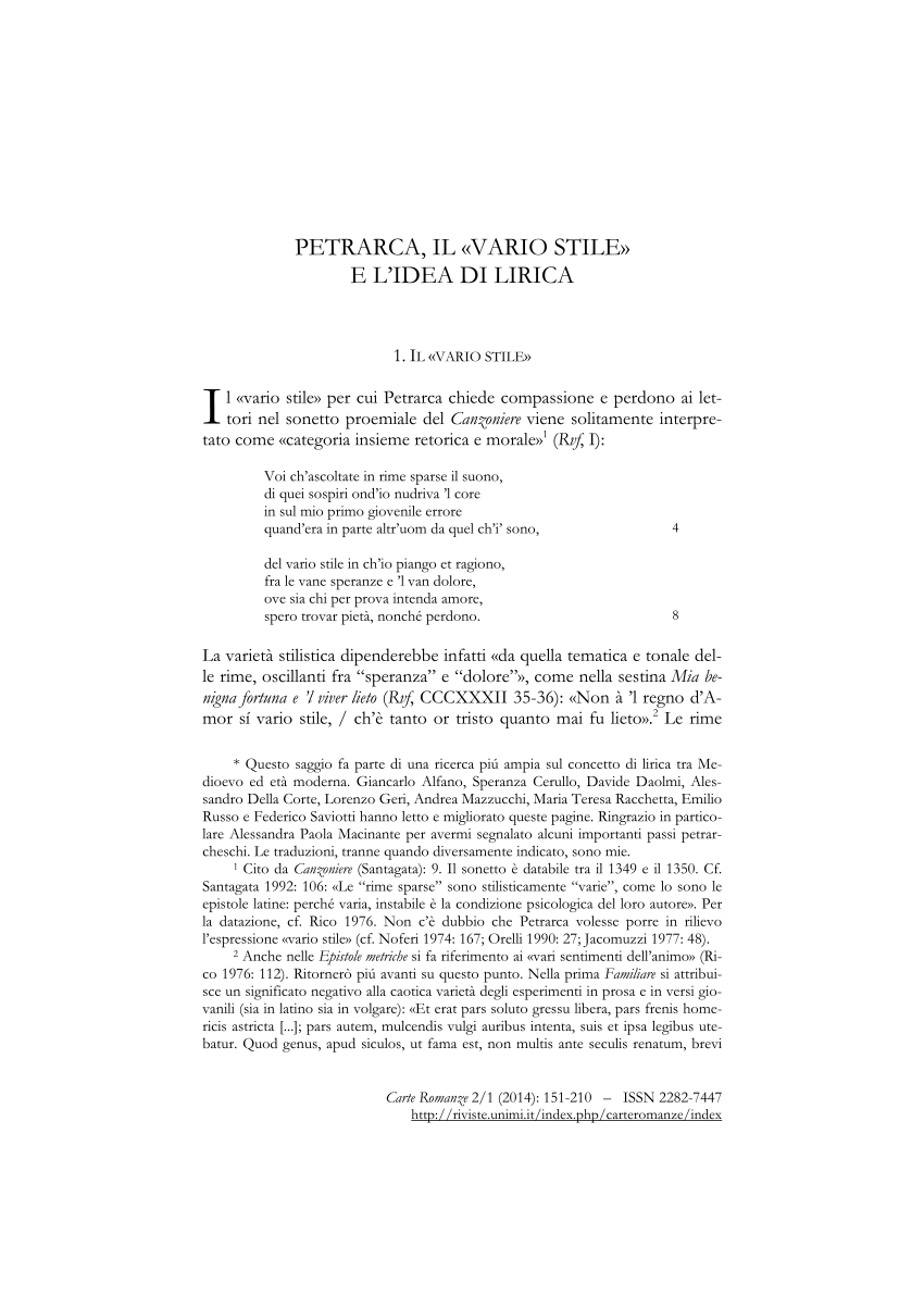 Pdf Petrarca Il Vario Stile E L Idea Di Lirica