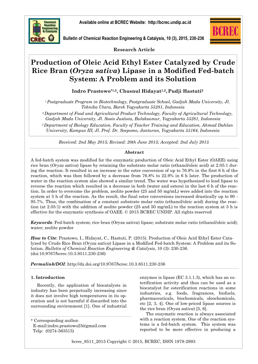 Pdf Production Of Oleic Acid Ethyl Ester Catalyzed By Crude Rice Bran