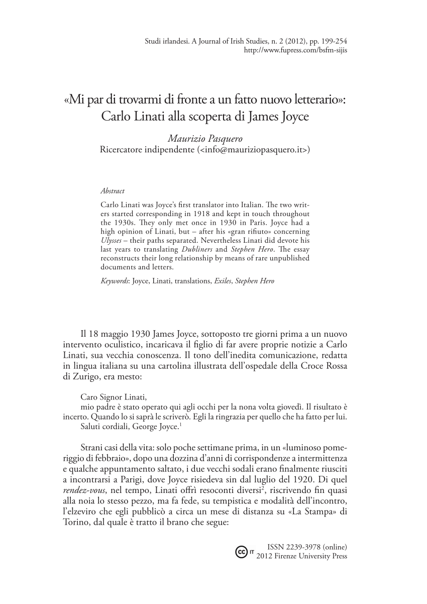 PDF) «Mi par di trovarmi di fronte a un fatto nuovo letterario»: Carlo  Linati alla scoperta di James Joyce