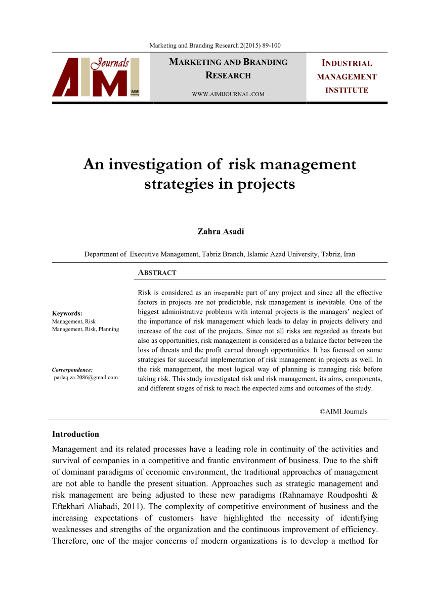 Pdf An Investigation Of Risk Management Strategies In Projects