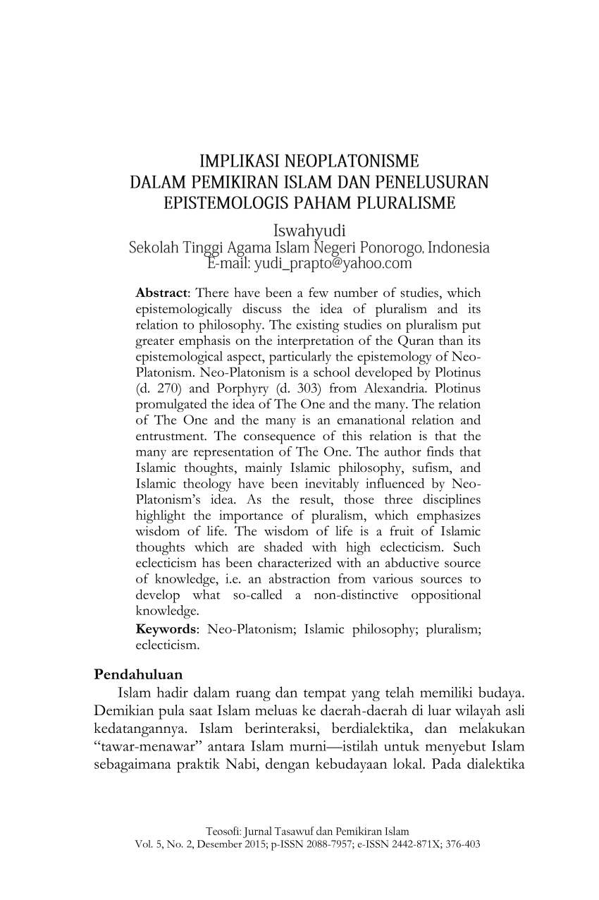 PDF Implikasi Neoplatonisme Dalam Pemikiran Islam Dan Penelusuran