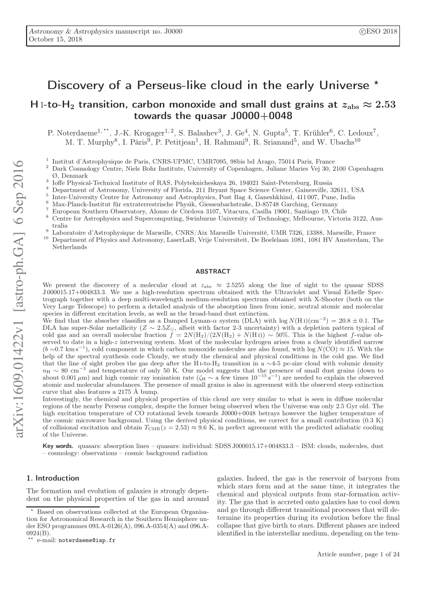Pdf Discovery Of A Perseus Like Cloud In The Early Universe Hi To H2 Transition Carbon Monoxide And Small Dust Grains At Zabs 2 53 Towards The Quasar J0000 0048