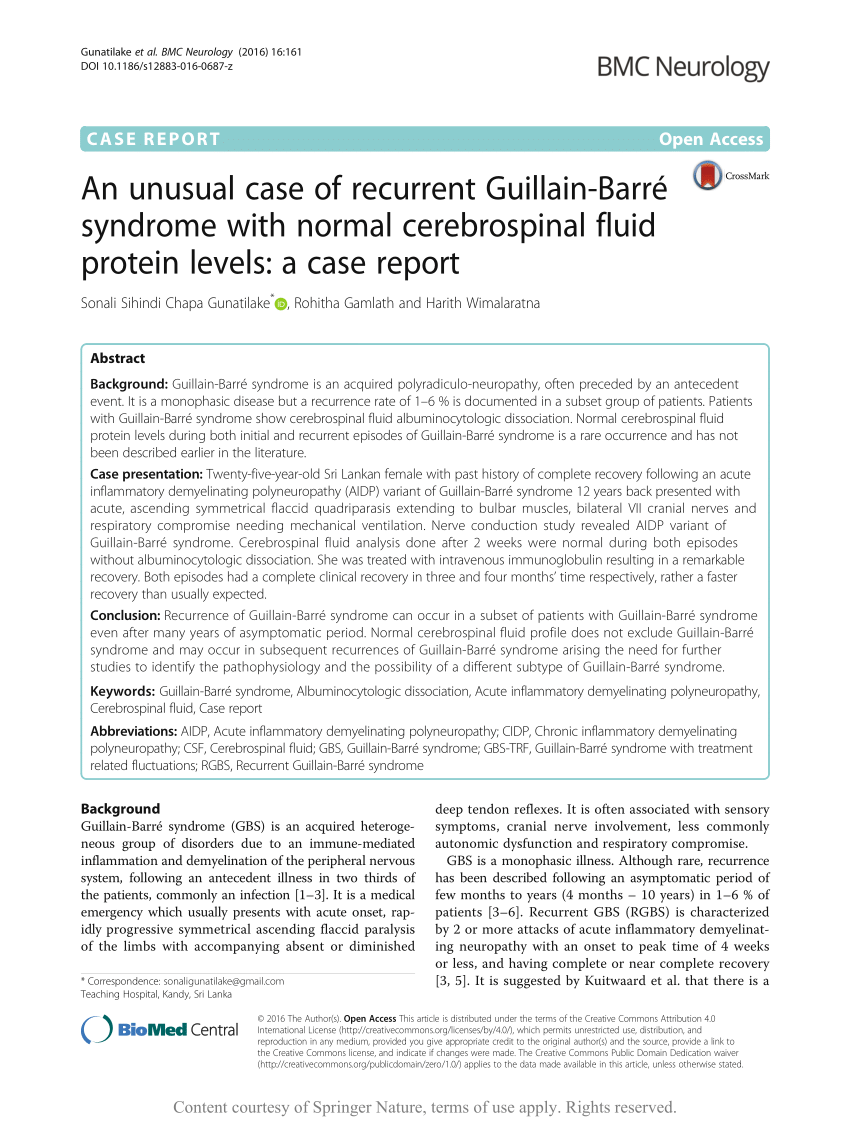 Pdf An Unusual Case Of Recurrent Guillain Barre Syndrome With Normal Cerebrospinal Fluid Protein Levels A Case Report