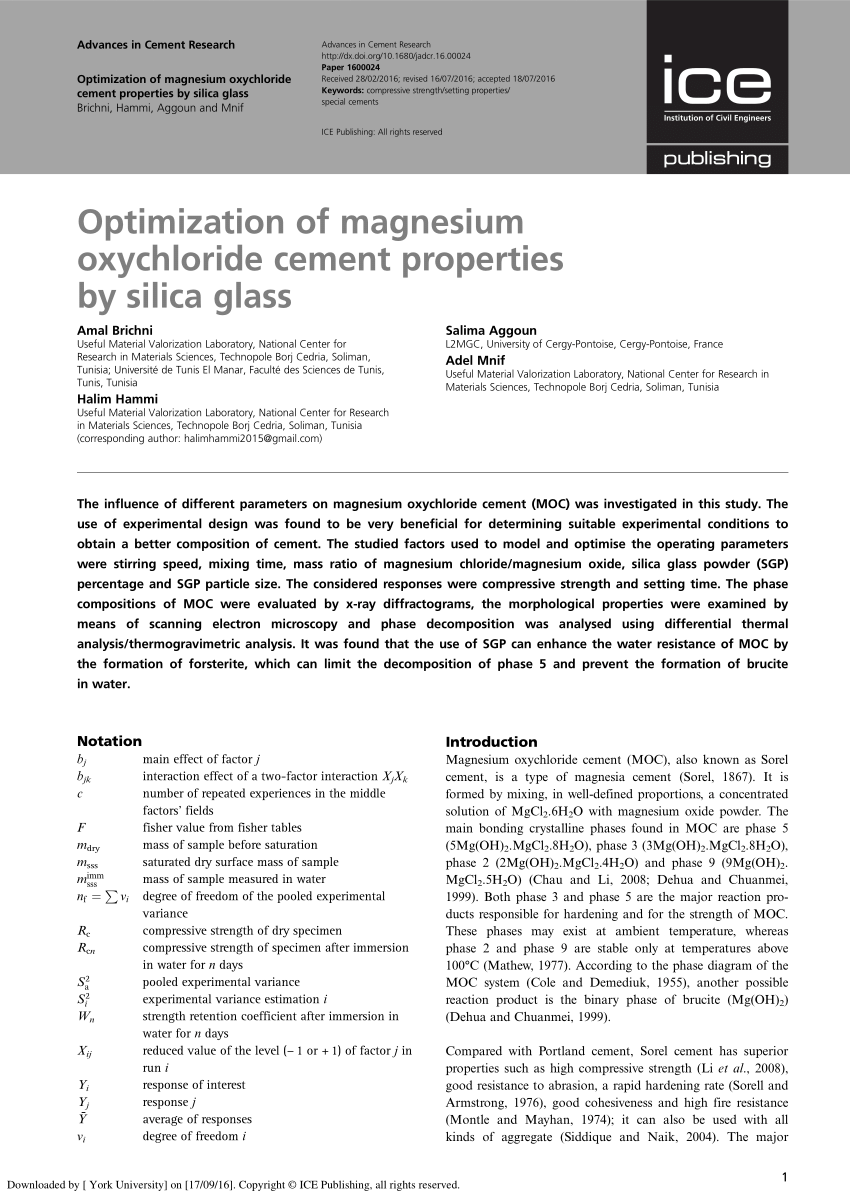 Pdf Optimization Of Magnesium Oxychloride Cement Properties By