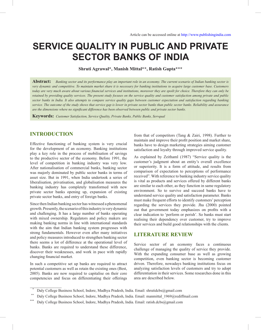 Pdf Service Quality In Public And Private Sector Banks Of India