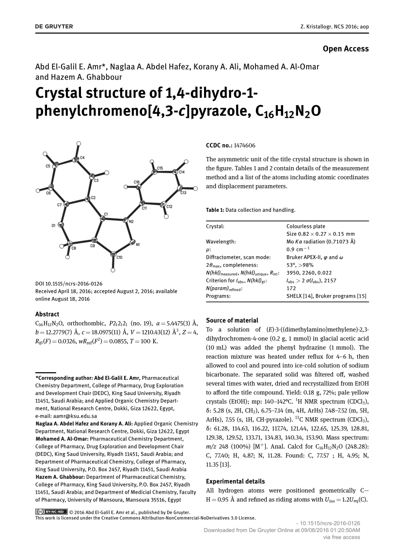 Pdf Crystal Structure Of 1 4 Dihydro 1 Phenylchromeno 4 3 C Pyrazole C16h12n2o