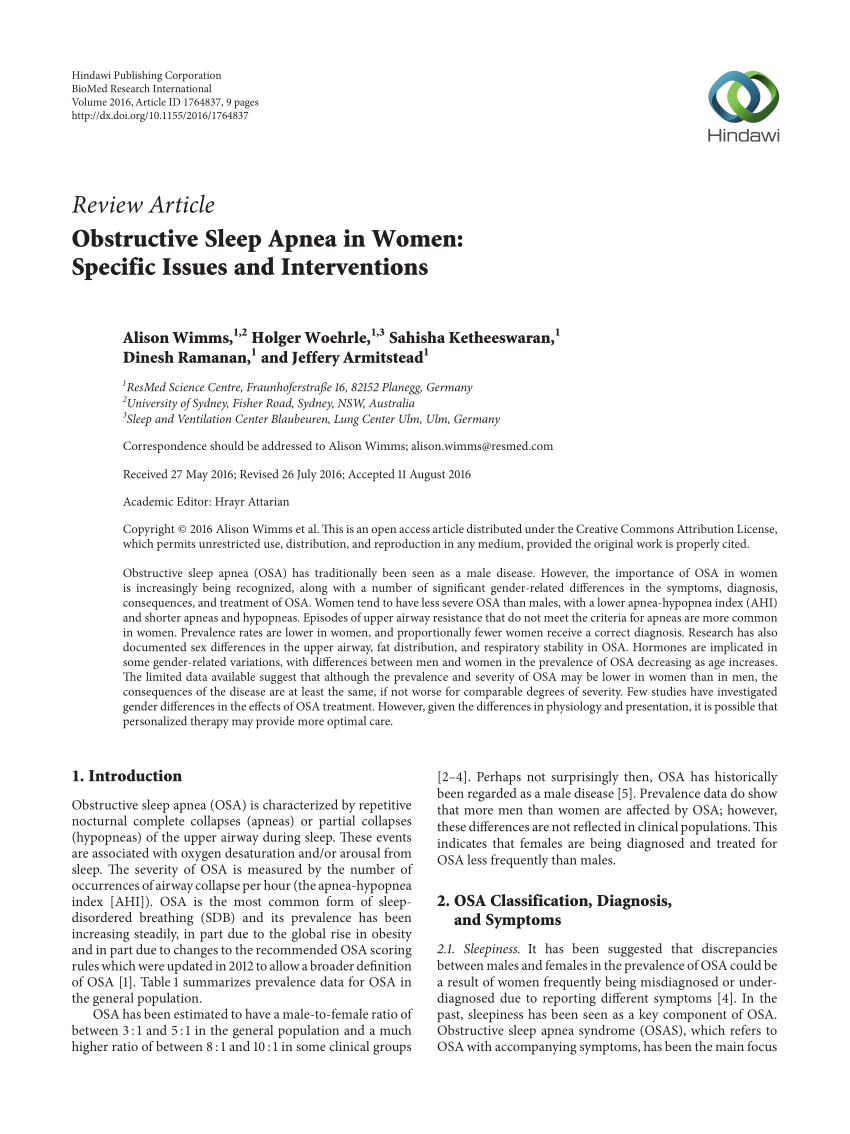 PDF) Obstructive Sleep Apnea in Women: Specific Issues and