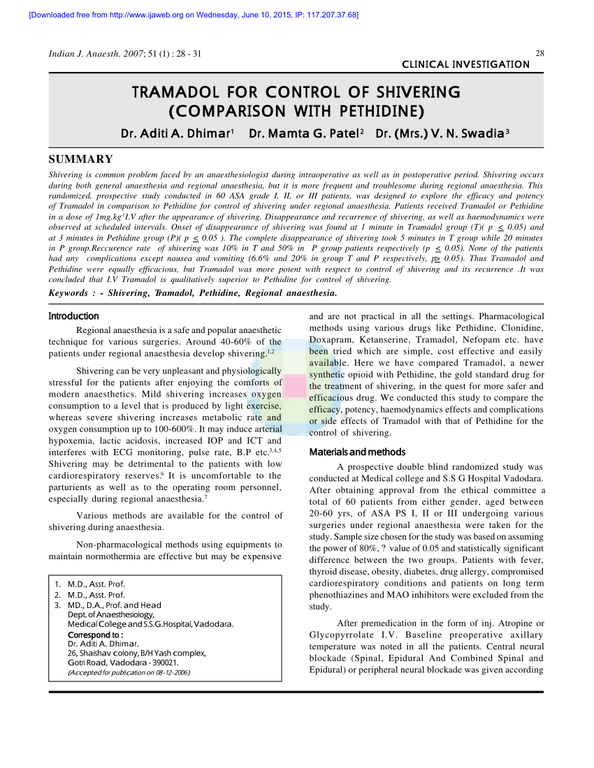 Pdf Tramadol For Control Of Shivering Comparison With Pethidine