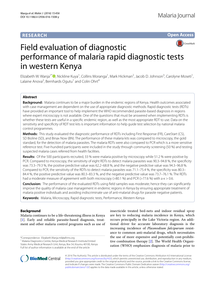 Pdf Field Evaluation Of Diagnostic Performance Of Malaria - 