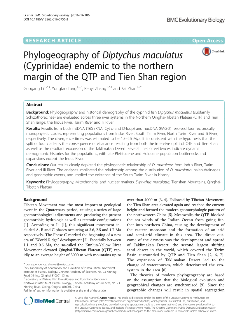 PDF) Phylogeography of Diptychus maculatus (Cyprinidae) endemic the northern margin of the QTP and Tien Shan region