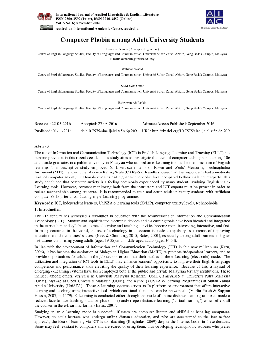 PDF) Computer Phobia among Adult University Students