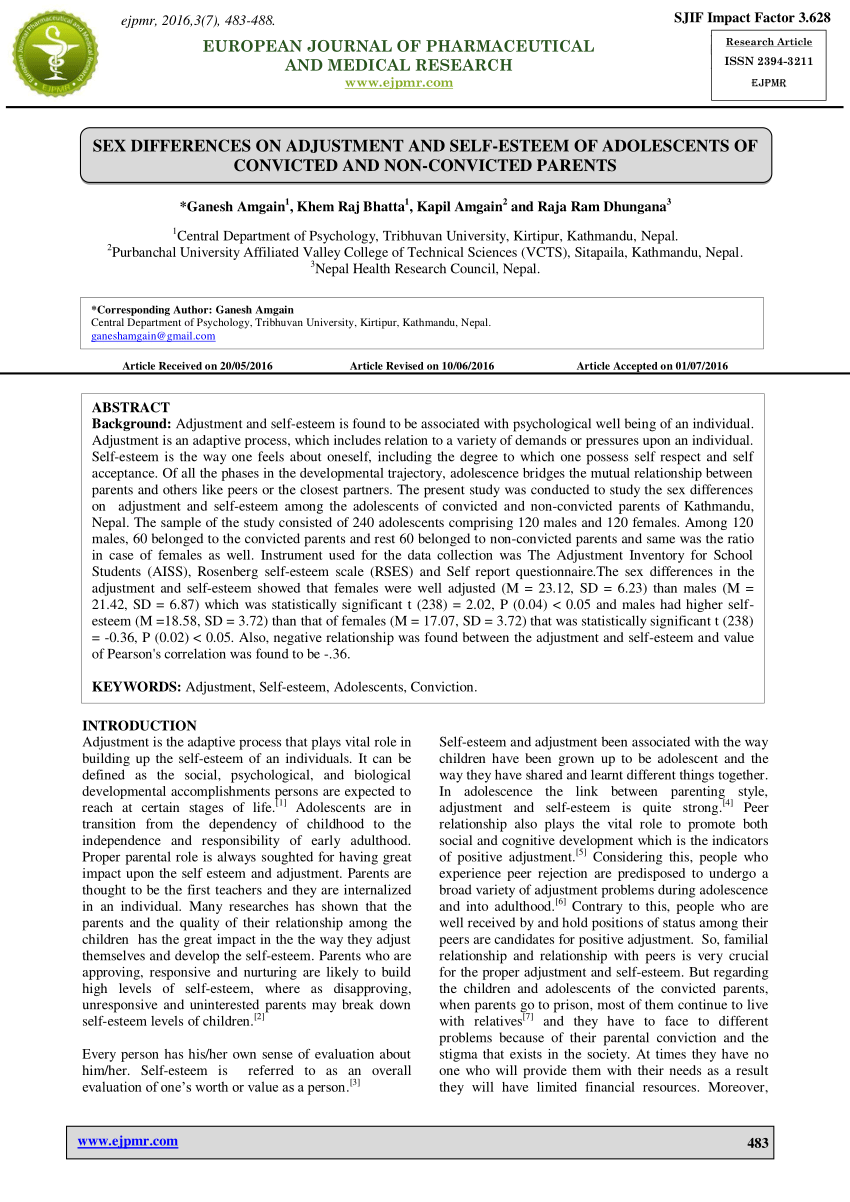 Pdf Sex Difference In Self Esteem And Adjustment Of Adolescents Of Convicted And Non Convicted