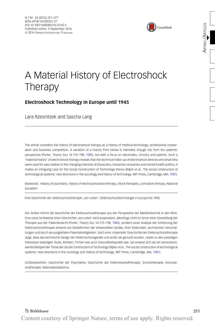 A Material History of Electroshock Therapy  NTM Zeitschrift für Geschichte  der Wissenschaften, Technik und Medizin