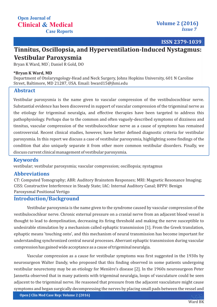 Pdf Tinnitus Oscillopsia And Hyperventilation Induced Nystagmus Vestibular Paroxysmia 7897