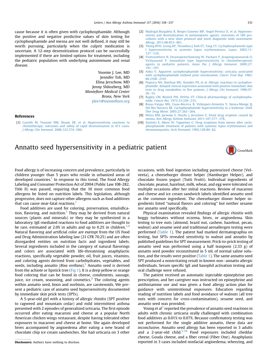 Pdf Annatto Seed Hypersensitivity In A Pediatric Patient