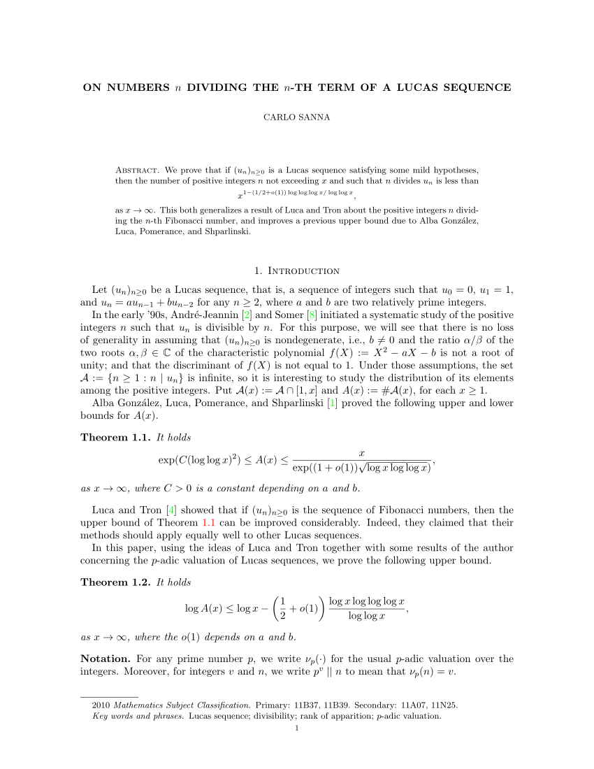 Pdf On Numbers N Dividing The Nth Term Of A Lucas Sequence