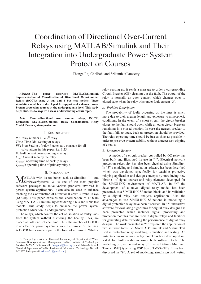 PDF) Coordination of Directional Over-Current Relays using MATLAB ...