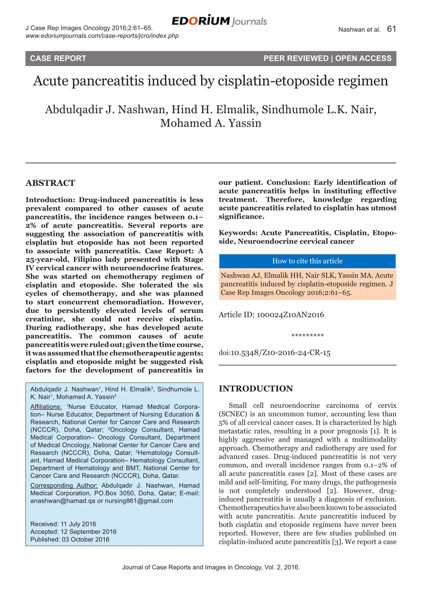 (PDF) Acute Pancreatitis-Induced by Cisplatin-Etoposide (CE) Regimen