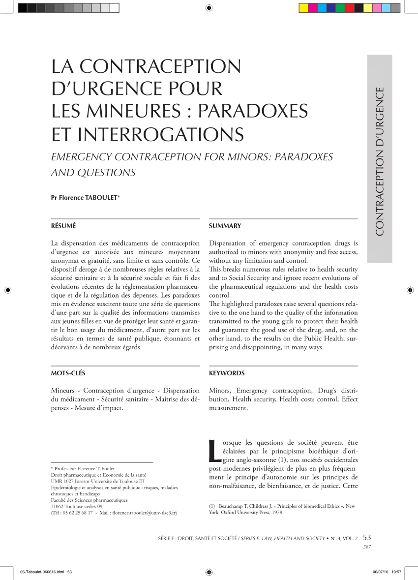 PDF) La ContraCeption d'urgenCe pour LeS MineureS : paradoXeS et ...