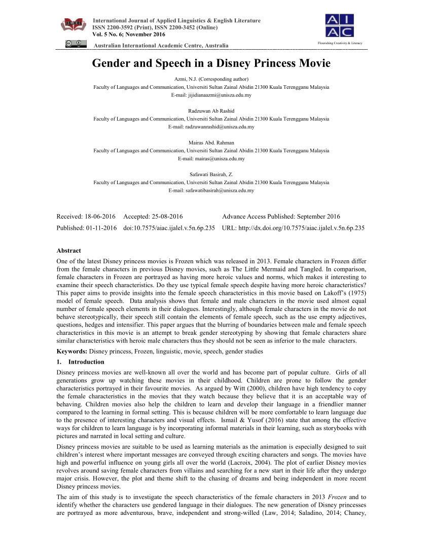 Pdf Gender And Speech In A Disney Princess Movie