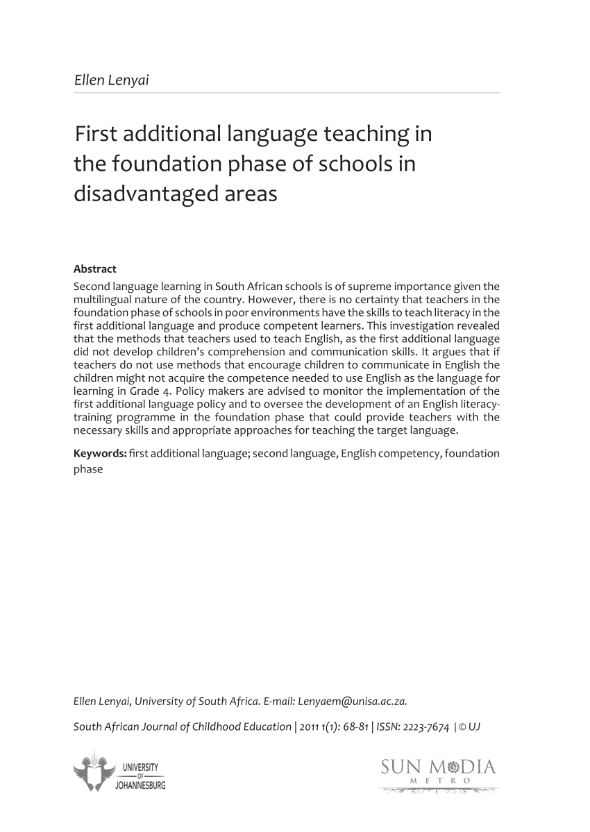 Pdf First Additional Language Teaching In The Foundation Phase Of Schools In Disadvantaged Areas