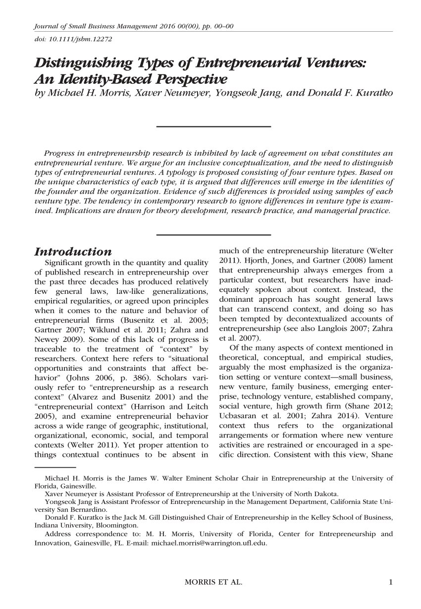 Pdf Distinguishing Types Of Entrepreneurial Ventures An Identity Based Perspective Journal Of Small Business Management