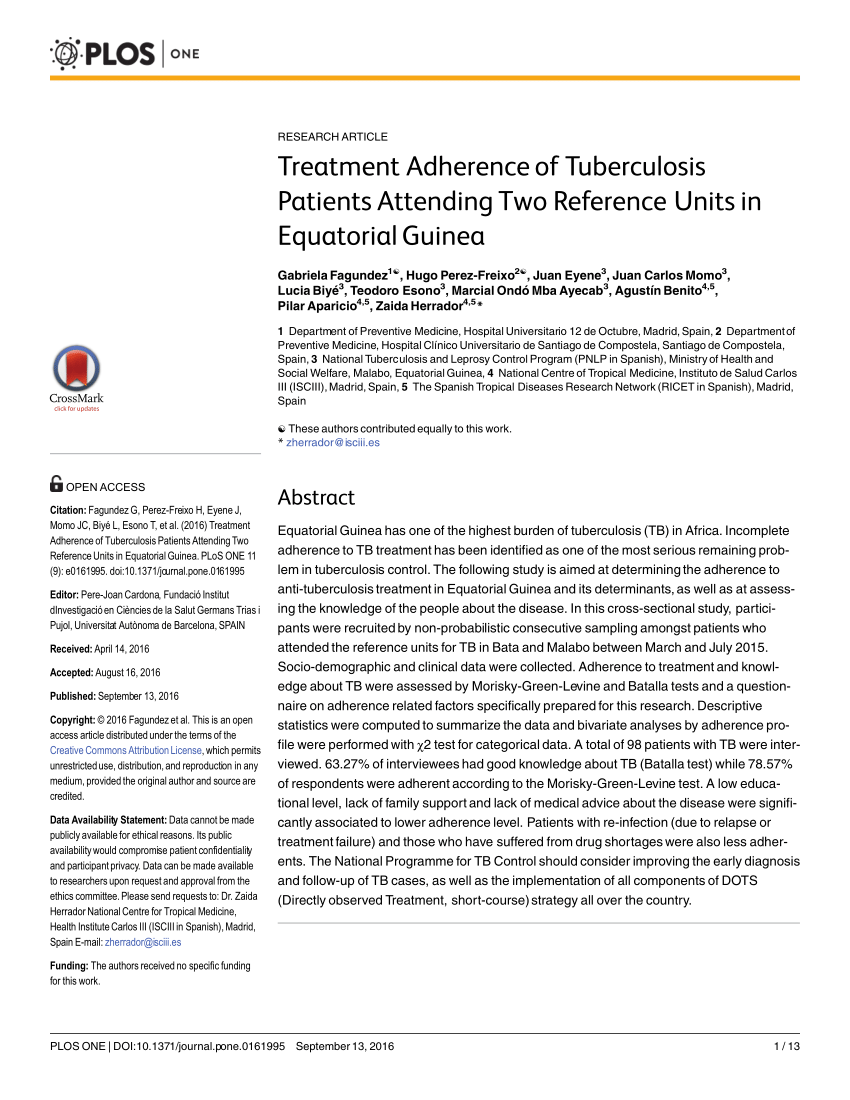 Pdf Treatment Adherence Of Tuberculosis Patients Attending Two Reference Units In Equatorial Guinea