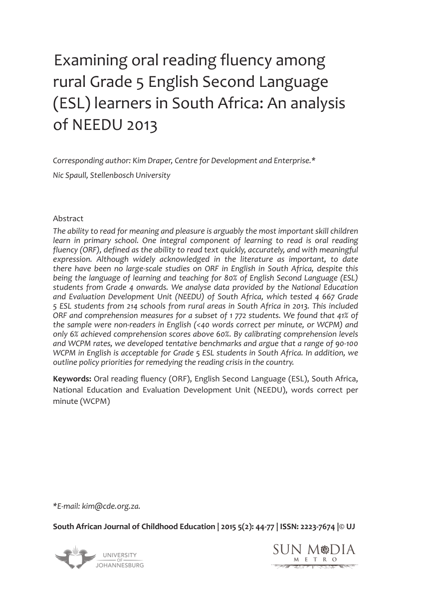 pdf examining oral reading fluency among grade 5 rural english second language esl learners in south africa an analysis of needu 2013
