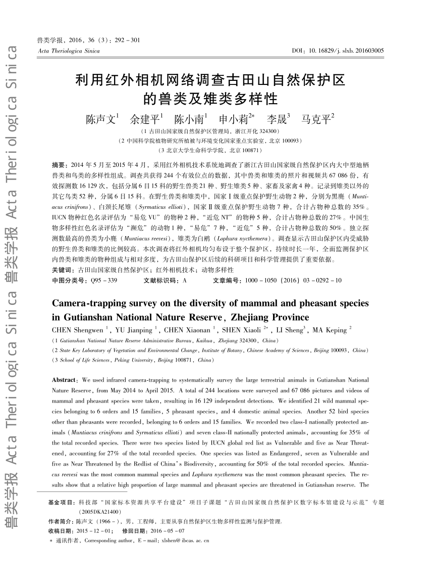 Pdf Camera Trapping Survey On The Diversity Of Mammal And Pheasant Species In Gutianshan National Nature Reserve Zhejiang Province