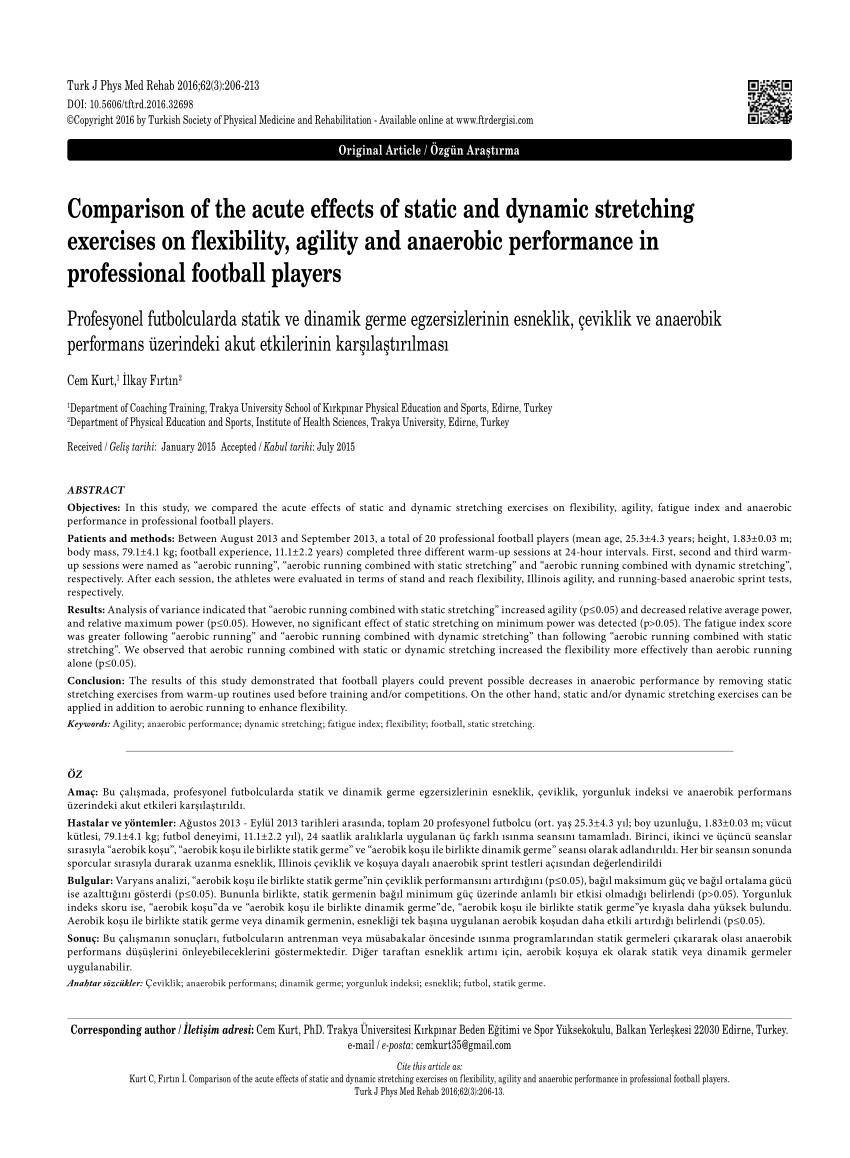 Pdf Comparison Of The Acute Effects Of Static And Dynamic Stretching Exercises On Flexibility Agility And Anaerobic Performance In Professional Football Players