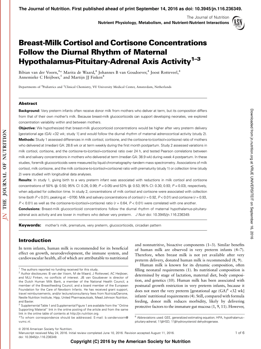 Pdf Breast Milk Cortisol And Cortisone Concentrations Follow The Diurnal Rhythm Of Maternal 7741