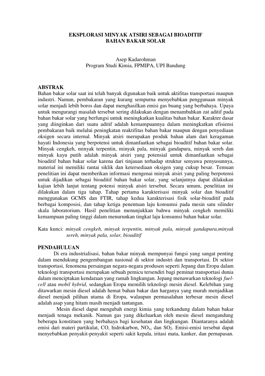 Pdf Open Access Eksplorasi Minyak Atsiri Sebagai Bioaditif Bahan Bakar Solar