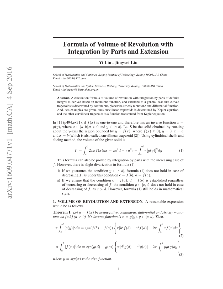 Pdf Formula Of Volume Of Revolution With Integration By Parts And Extension