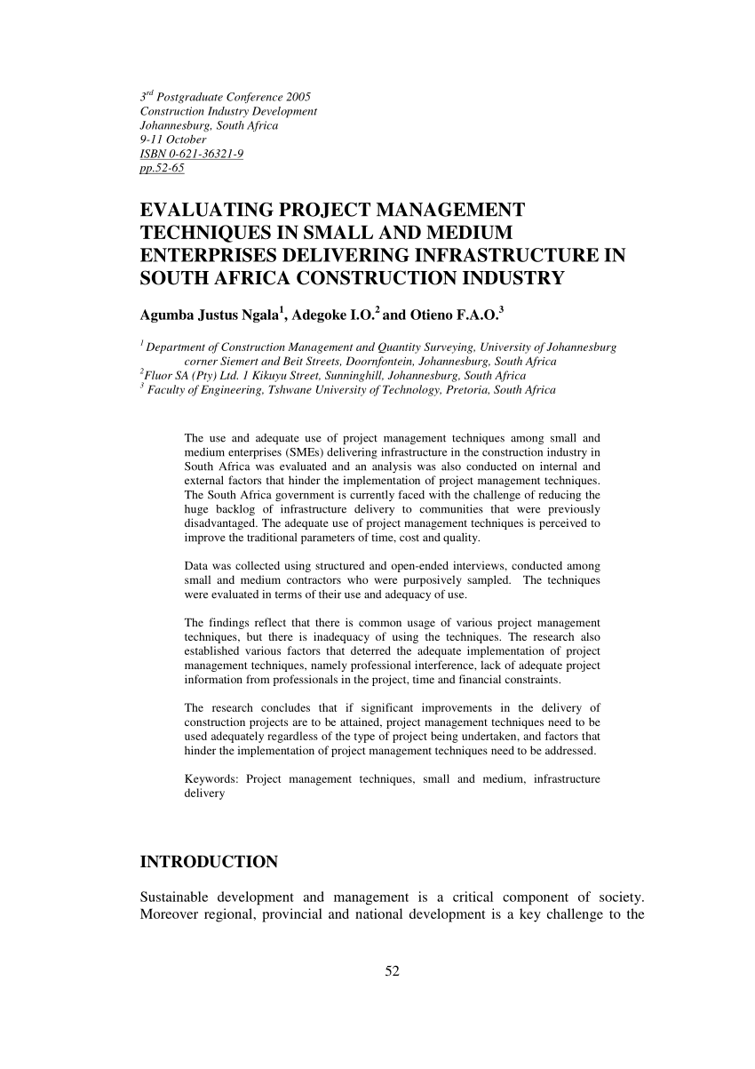 Pdf Evaluating Project Management Techniques In Small And Medium Enterprises Delivering Infrastructure In South Africa Construction Industry
