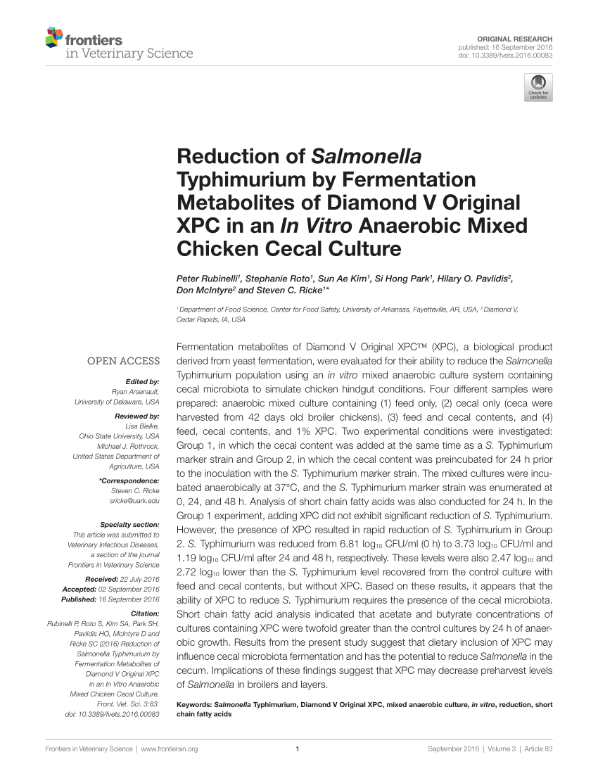 Pdf Reduction Of Salmonella Typhimurium By Fermentation Metabolites Of Diamond V Original Xpc In An In Vitro Anaerobic Mixed Chicken Cecal Culture