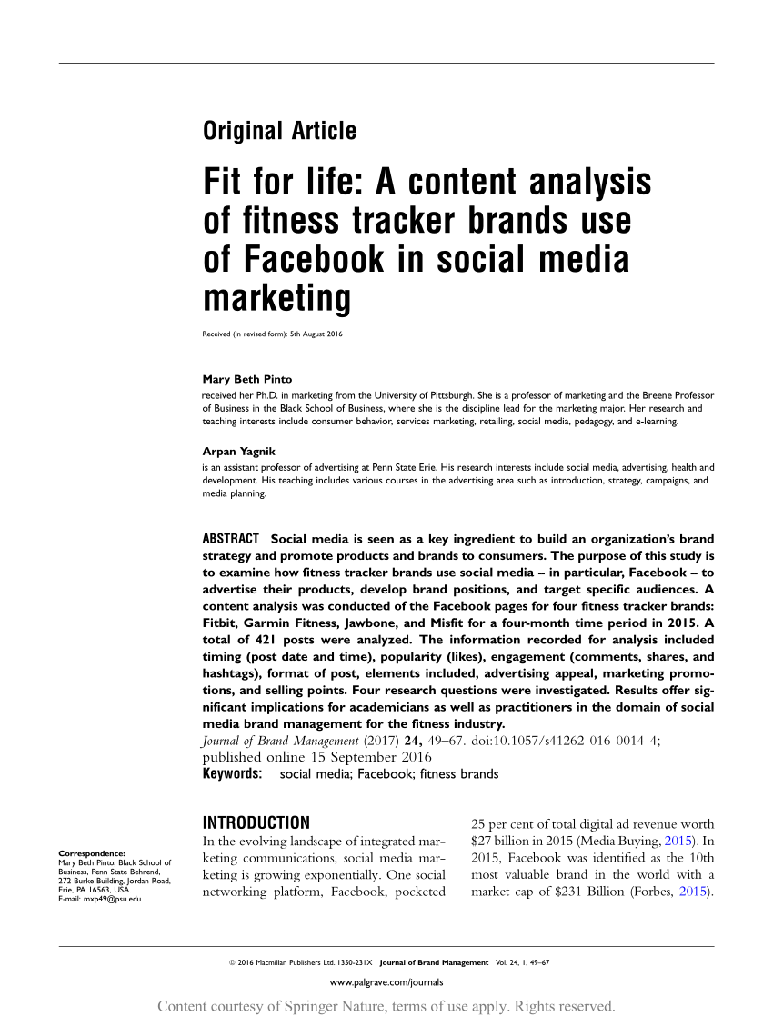 Fit For Life A Content Analysis Of Fitness Tracker Brands Use Of Facebook In Social Media Marketing