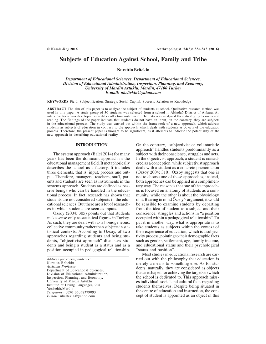 Pdf Subjects Of Education Against School Family And Tribe