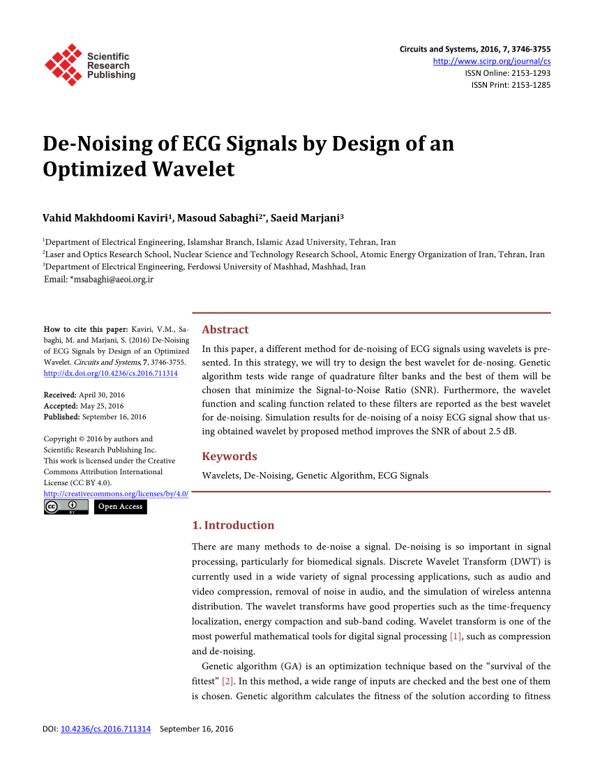 Pdf De Noising Of Ecg Signals By Design Of An Optimized Wavelet
