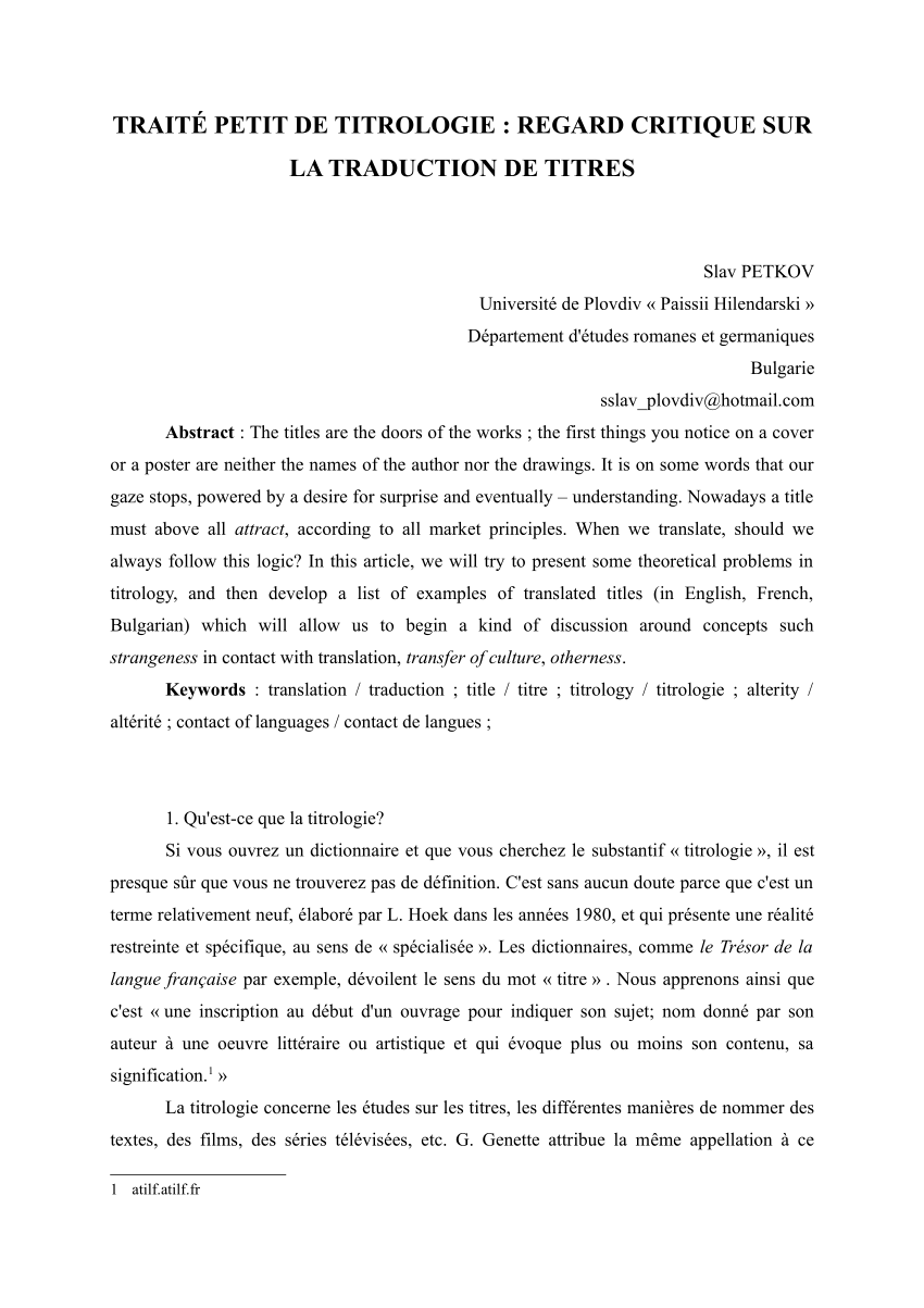 Pdf Traite Petit De Titrologie Regard Critique Sur La Traduction De Titres