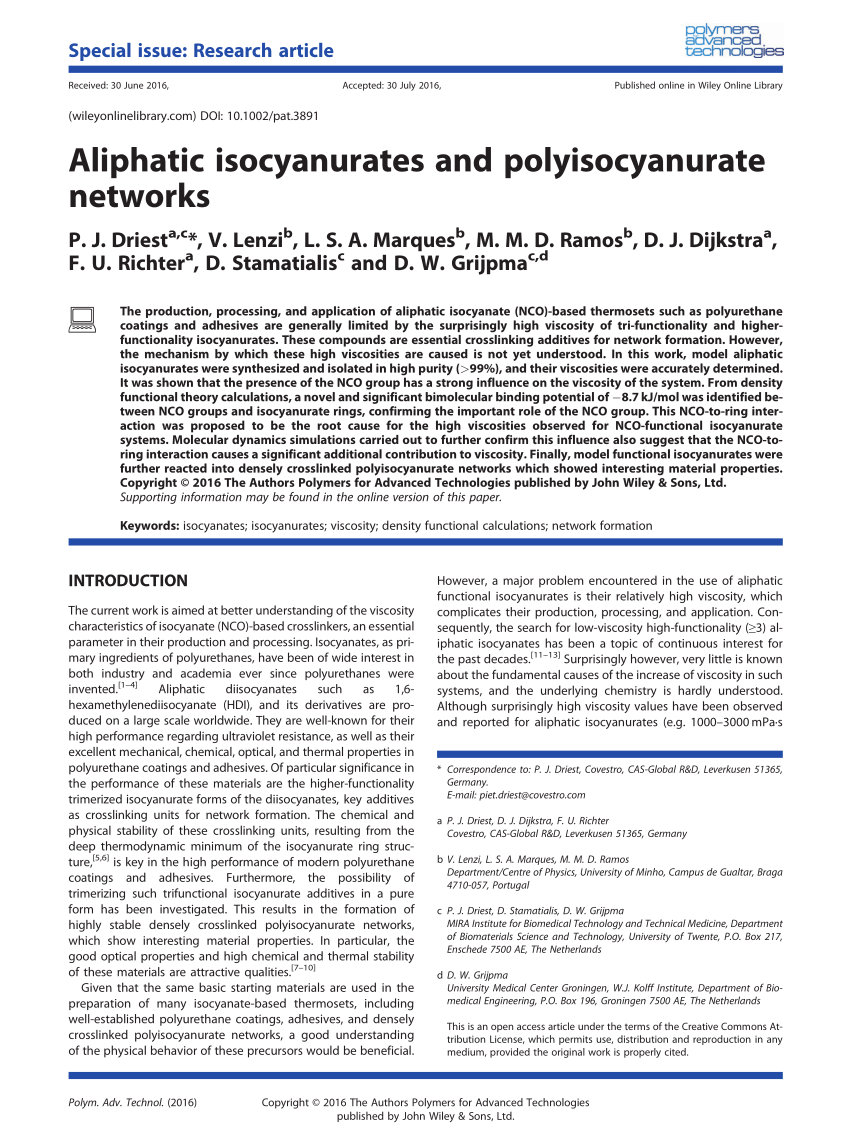 Pdf Aliphatic Isocyanurates And Polyisocyanurate Networks