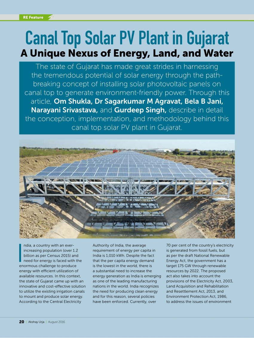 Pdf Canal Top Solar Pv Plant In Gujarat A Unique Nexus Of Energy Land And Water