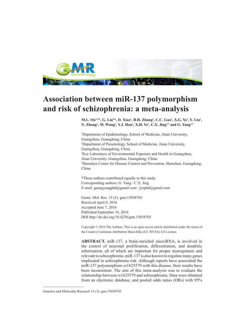Pdf Association Between Mir 137 Polymorphism And Risk Of Schizophrenia A Meta Analysis