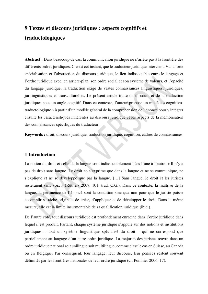 Pdf 9 Textes Et Discours Juridiques Aspects Cognitifs Et Traductologiques