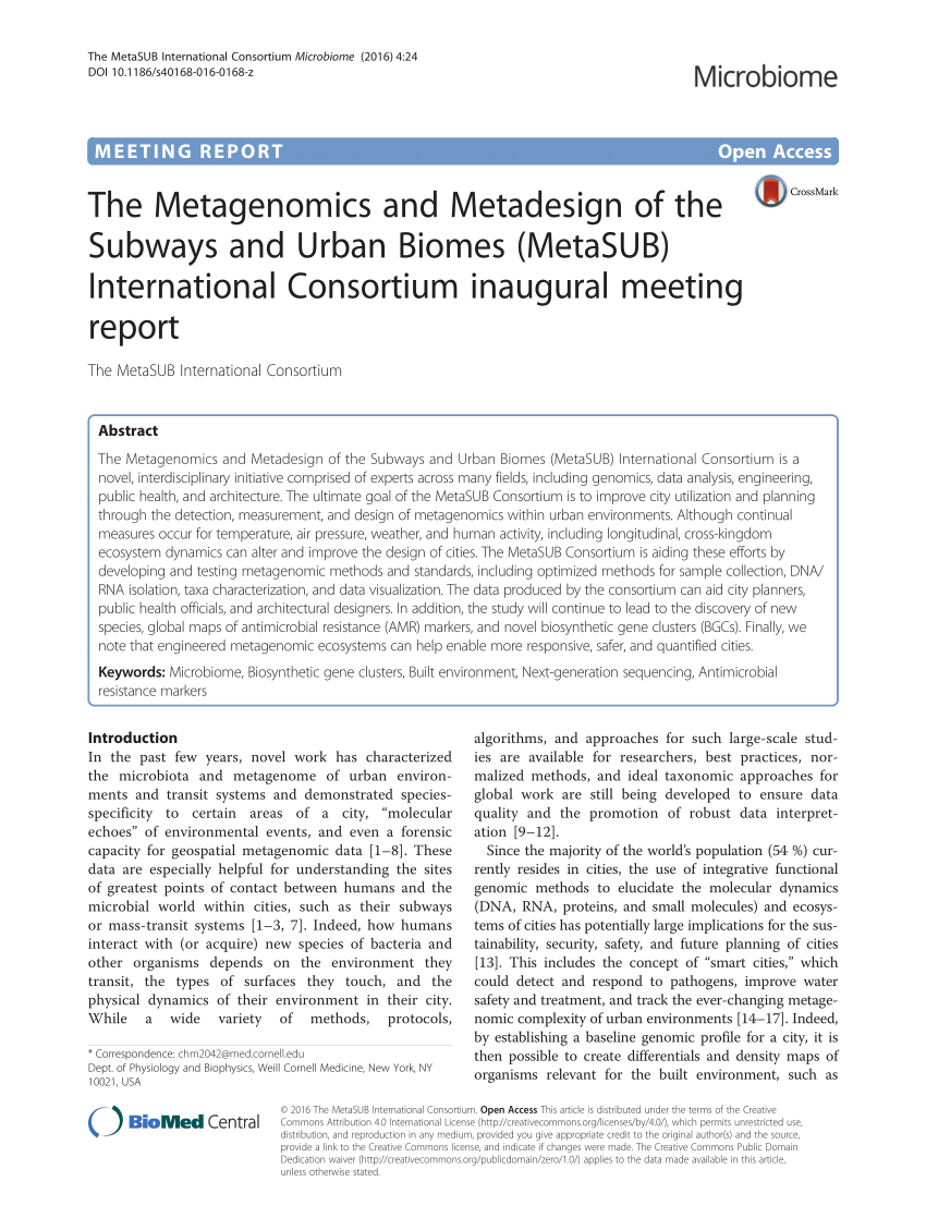 Pdf The Metagenomics And Metadesign Of The Subways And Urban Biomes Metasub International Consortium Inaugural Meeting Report